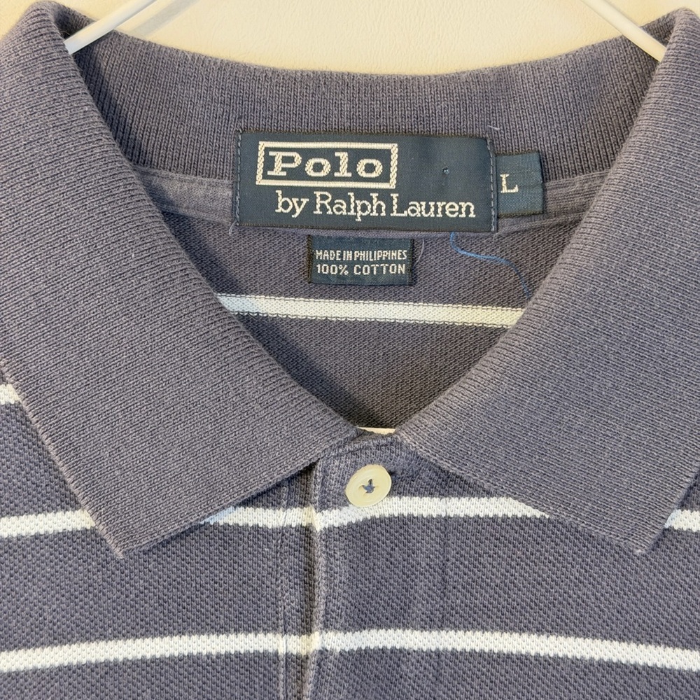 Vintage Ralph Lauren Men's Polo in Navy and White Striped Golf Shirt Large - Picture 2 of 4